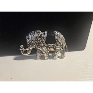 Elephant Marcasite and Rhinestone Brooch Silver Tone Shine Bling
